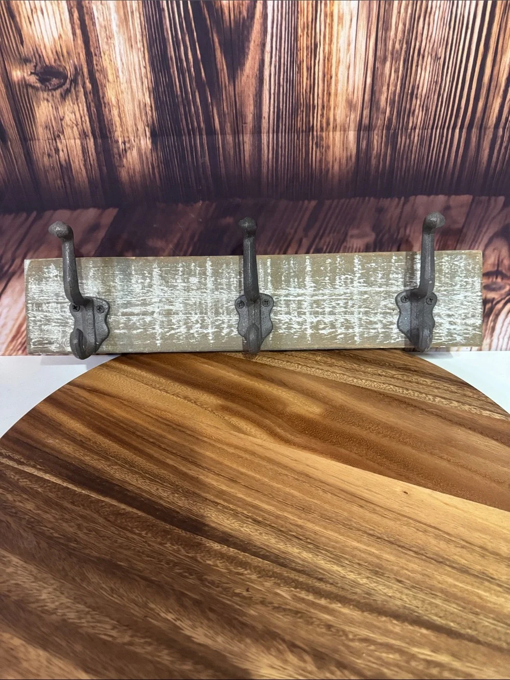 Rustic Whitewashed Wood Wall Hook Rack - 3 Vintage Metal Hooks